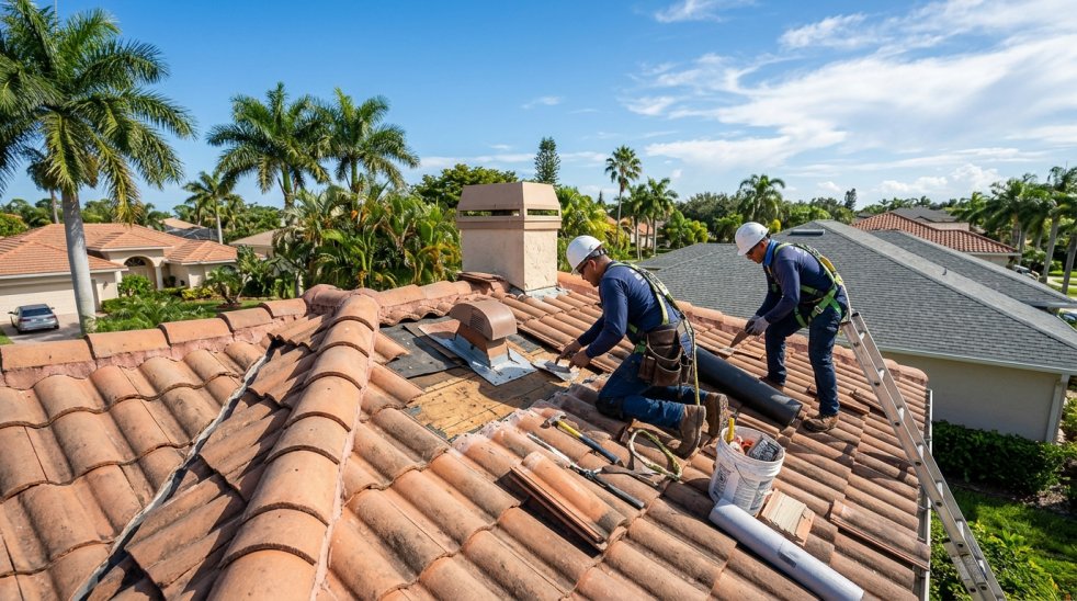 Roofers repairing a leak on a tile roof near a chimney in a residential neighborhood with palm trees