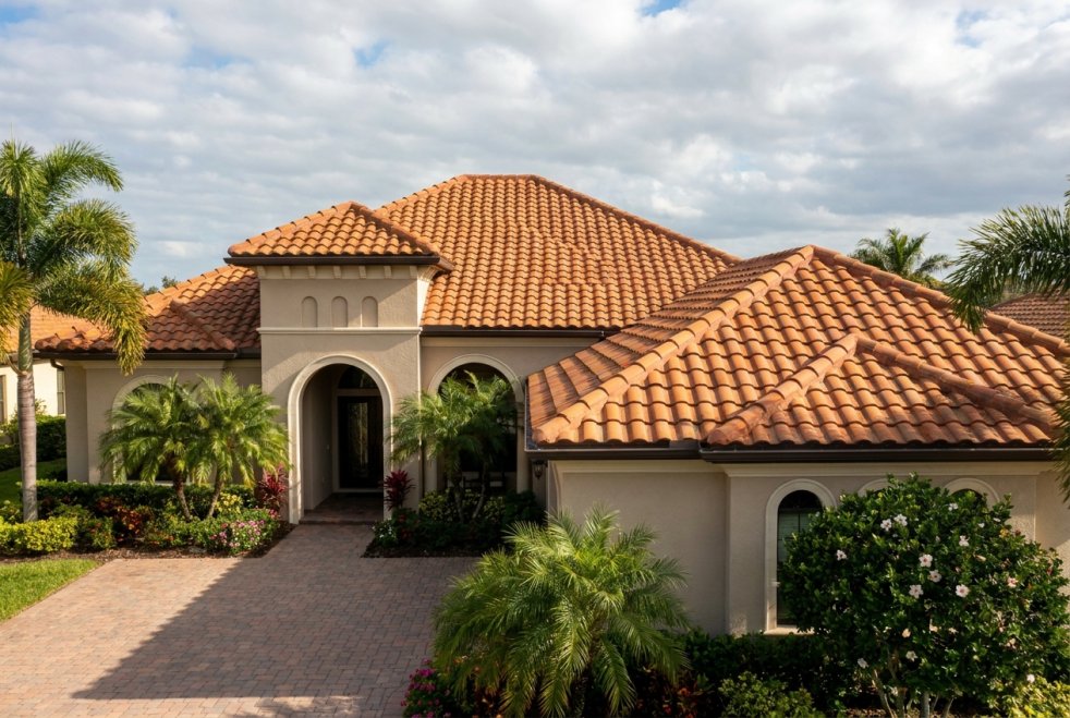 Mediterranean-style Florida home with terracotta tile roof and palm trees