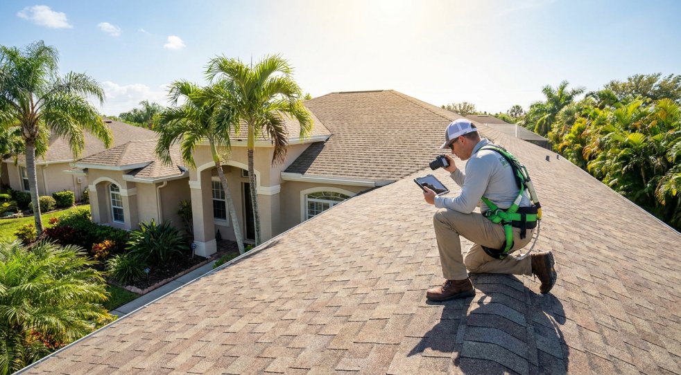 Roof inspector checking shingles on a Sarasota, Florida home roof